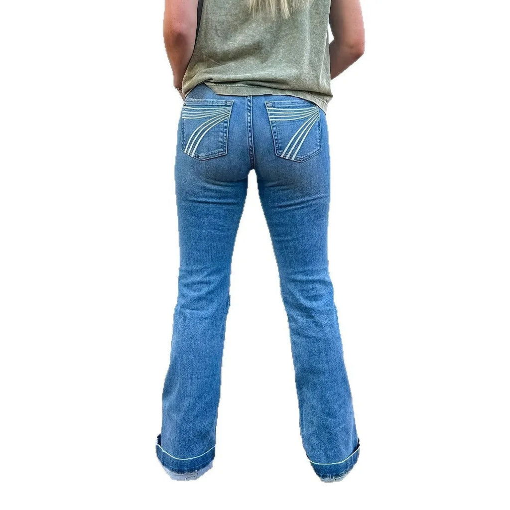 Blue embroidery slim fit flared jeans on mid-waist with zip fly closure