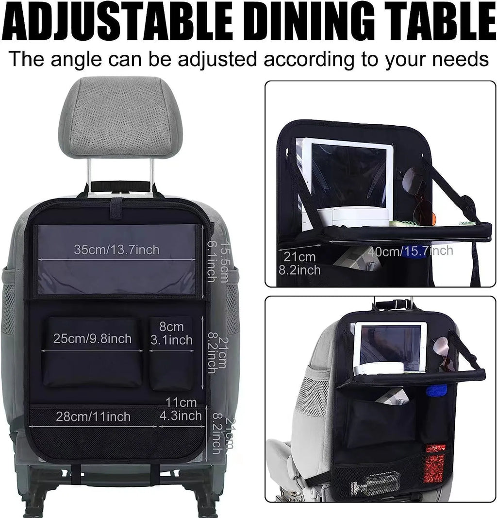 Black oxford cloth car seat back organiser bag with hanging buggy measuring 42x30cm