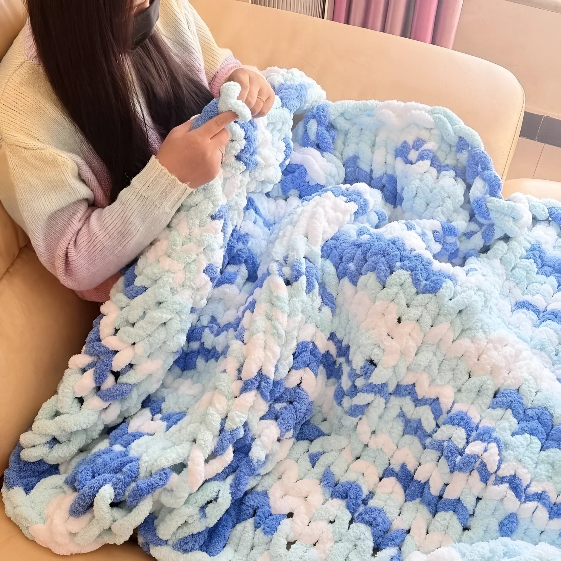 Coarse yarn chenille knitted blanket with braided gravity texture in modern colour pattern