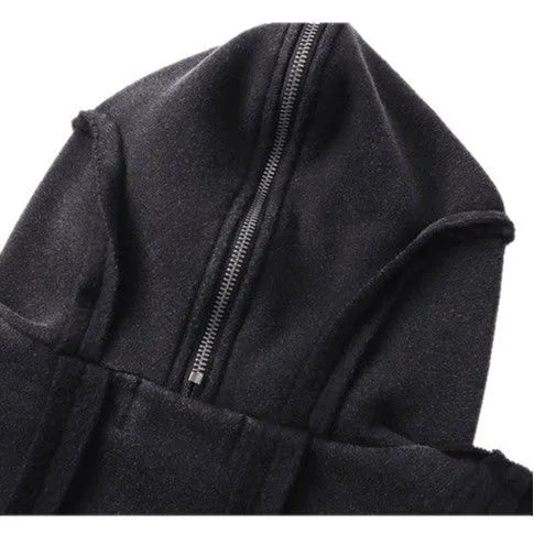 Black loose fit retro men's coat with a zip front, hood, and abstract pattern.