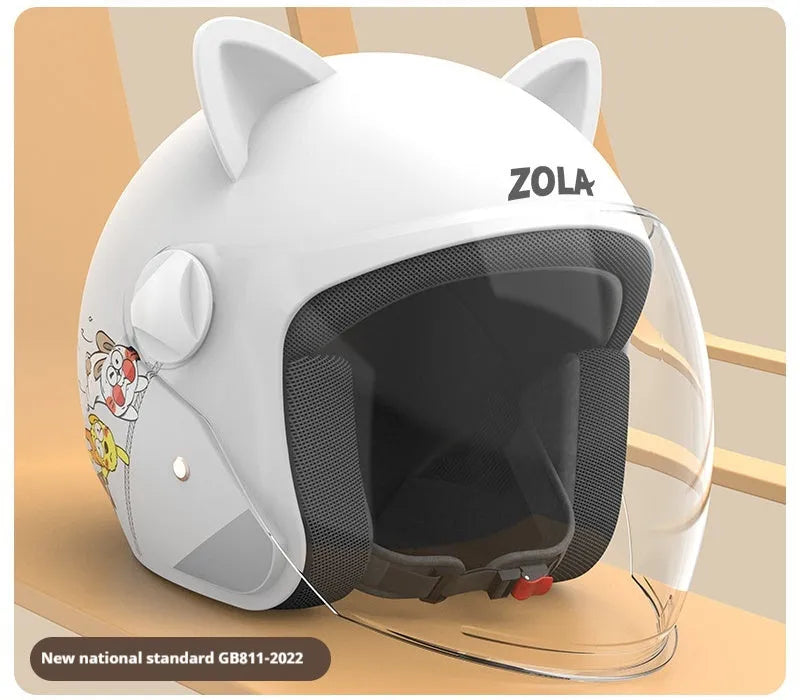 Blue winter electric bicycle helmet with anti-fog visor and attached neck scarf on a stand.