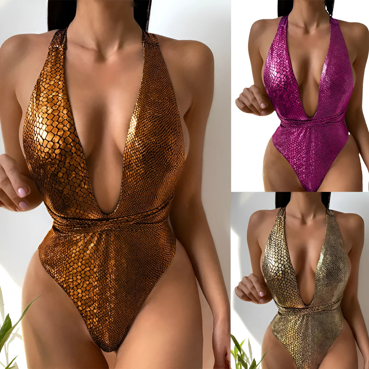 Women's sequined one-piece swimsuit in solid colours with polyester lining in S to XL sizing