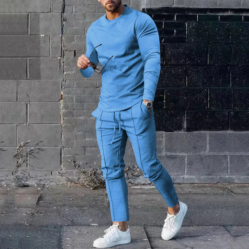 Men's solid colour polyester two-piece lounge set with long sleeve T-shirt and trousers