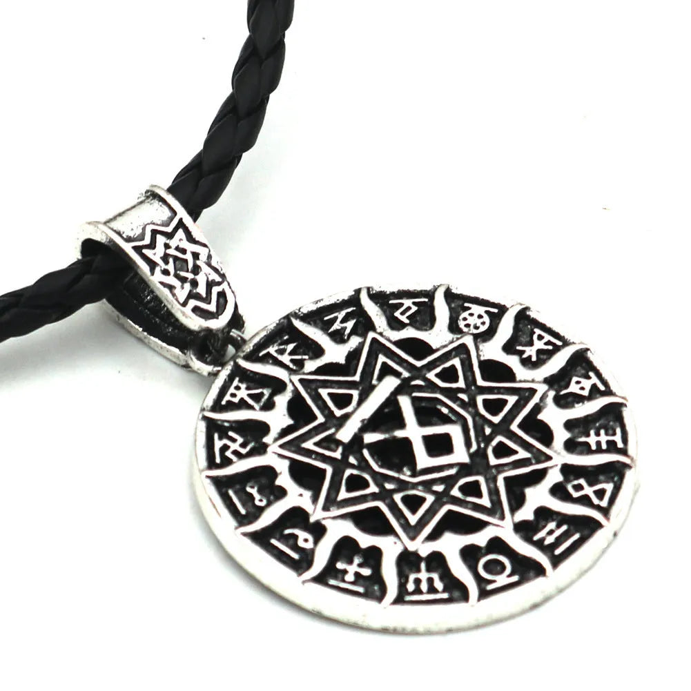 Lunavin ODing logo pendant necklace with leather rope and snake bones chain options in antique silver and bronze