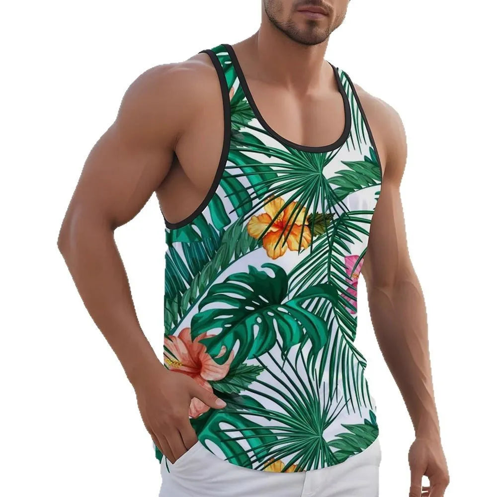 Men's solid colour sleeveless vest featuring a Hawaiian-inspired 3D printed design