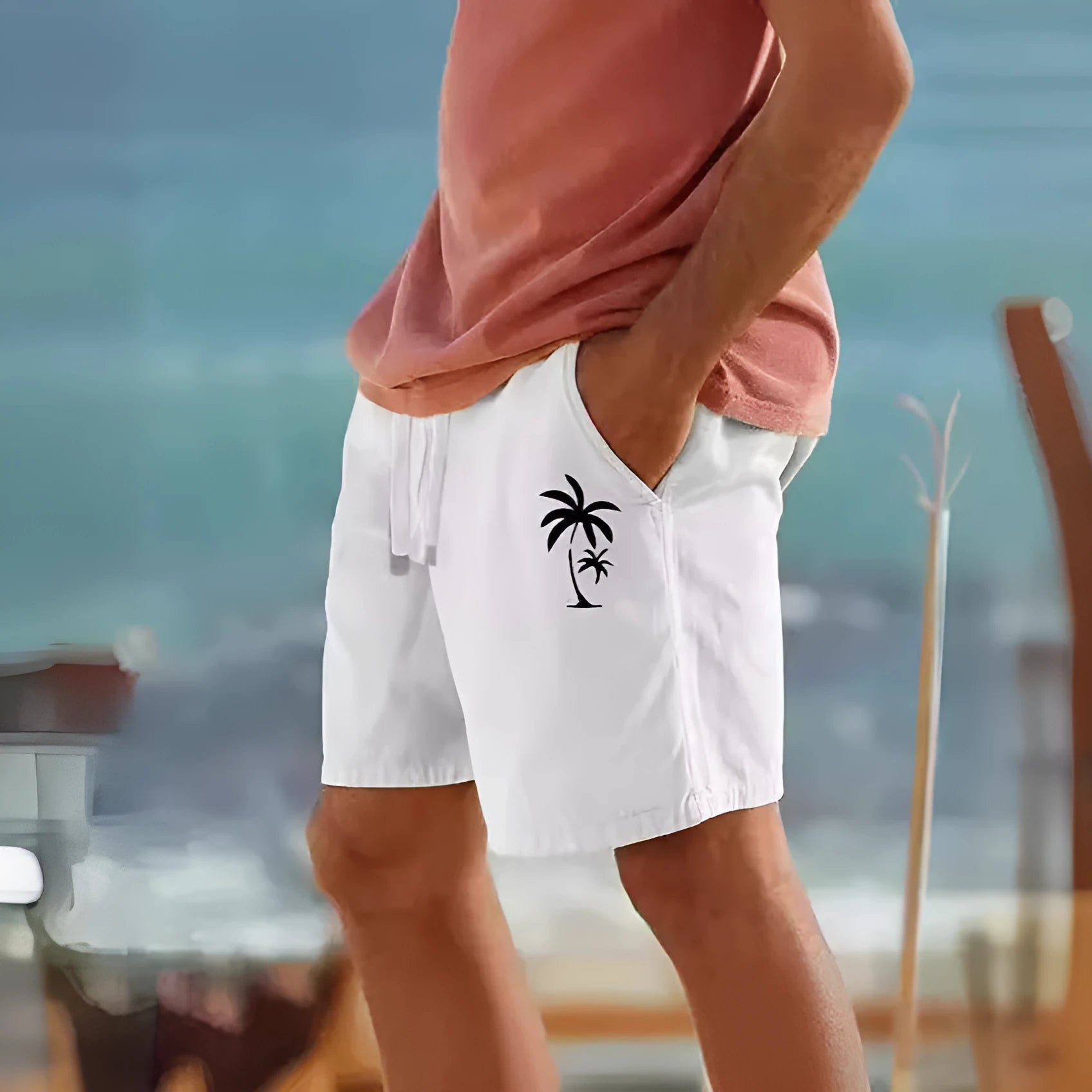 Men's cotton blend beach shorts with heat transfer floral patches in Army Green colour with drawstring waist