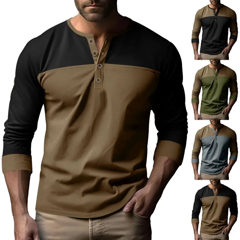 Men's long sleeve T-shirt with Henry collar in beaded twill fabric