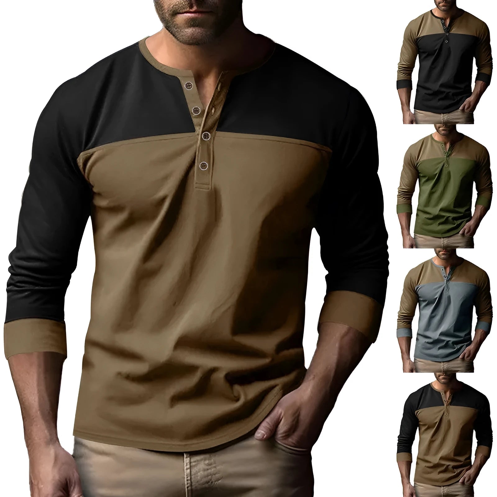 Men's long sleeve T-shirt with Henry collar in beaded twill fabric