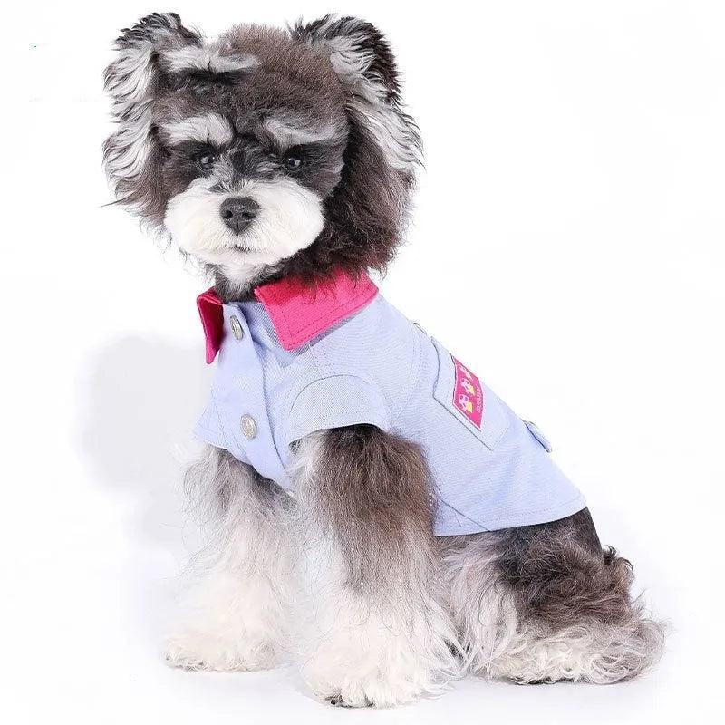 Blue and purple polyester dog vest with traction rope ring for summer walking, shown with size guide for dogs 1.25kg to 11.5kg