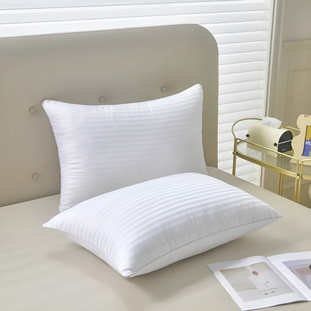 White satin stripe feather and cotton pillow core showing size options and loft variants.