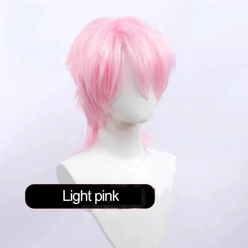 Short black and blue anime cosplay wig for men on a stand
