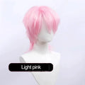 Short black and blue anime cosplay wig for men on a stand