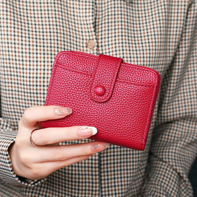 Women's short organ wallet with lychee pattern lining in beige, pink, black and red colours