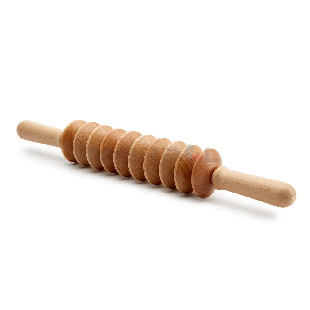 Wooden massage roller set with T-shaped roller and multiple beech wood wheeled massagers