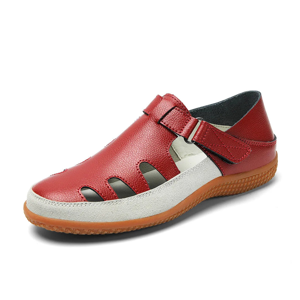 Plus size women's flat sandals in blue with a hollow toe cap and thick rubber sole.