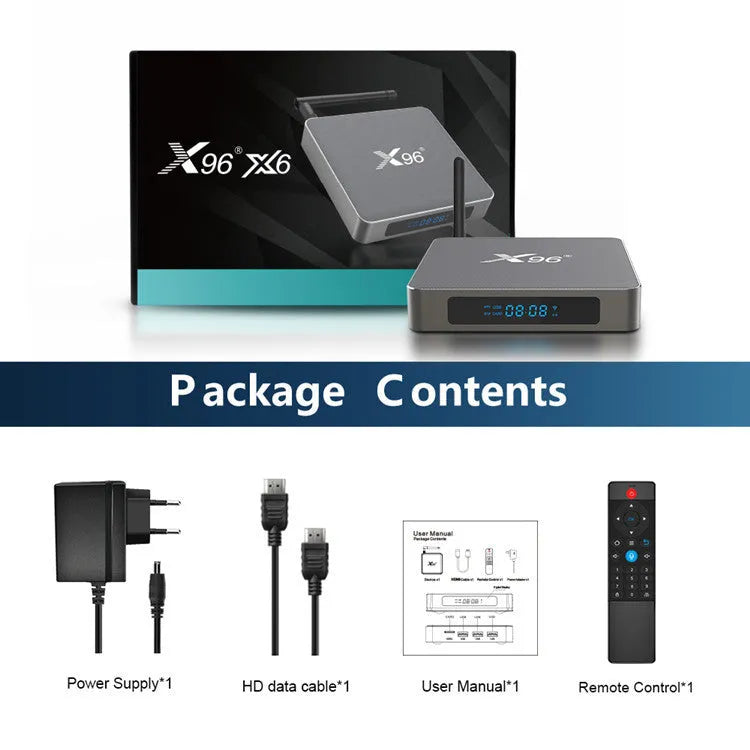Android smart TV set-top box with voice control remote on a table next to a television.