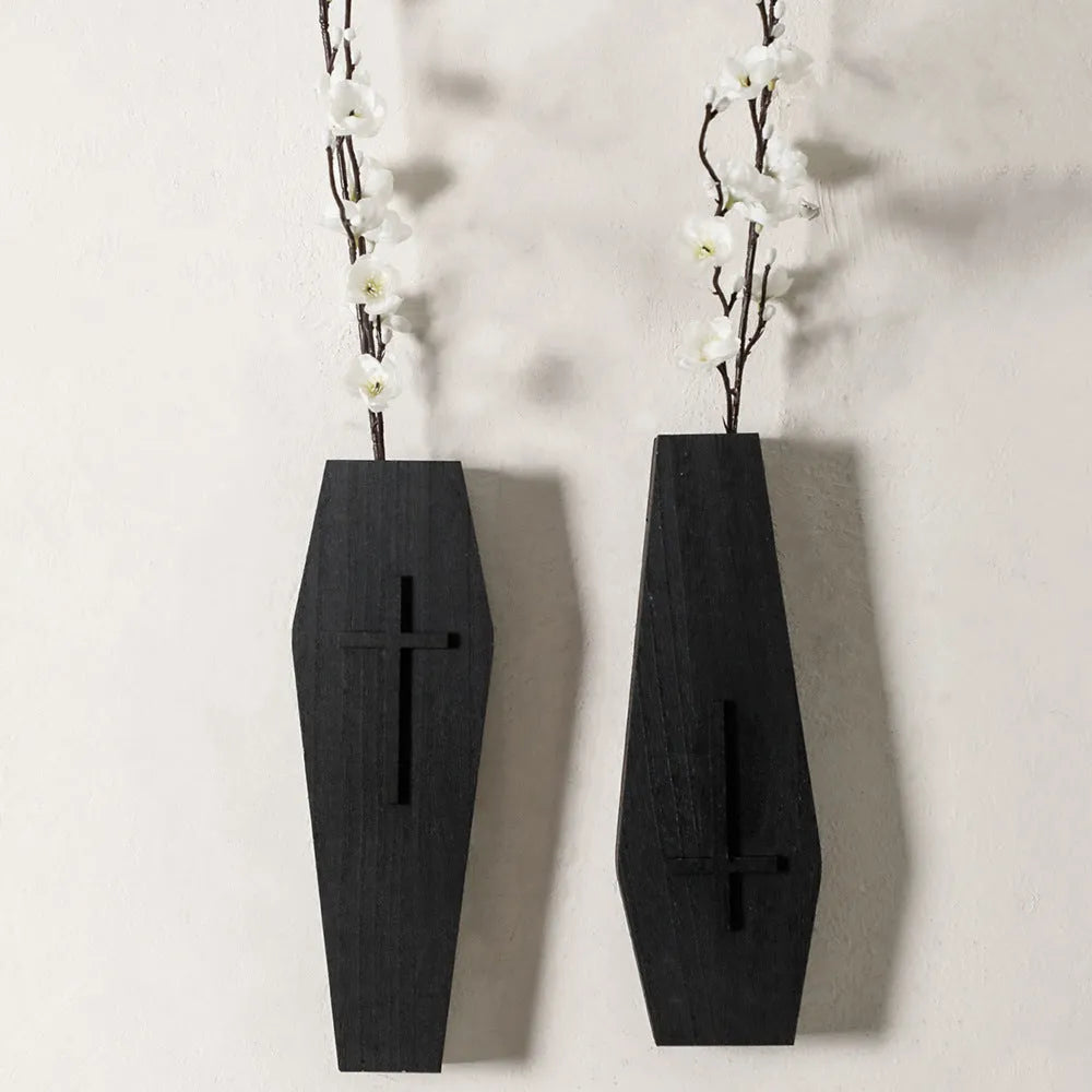 Black wooden cross wall vase shelf decoration measuring 27cm wide