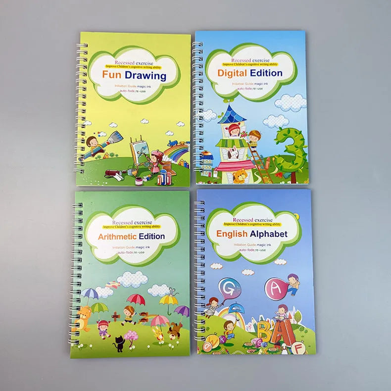 Magic calligraphy copybook set for children showing spellbooks, pens, and refills.