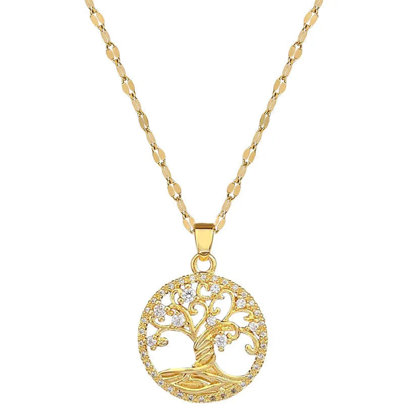 Gold-plated necklace with lucky tree pendant featuring micro-inlaid zircon and mother pearl shellfish centrepiece on adjustable chain