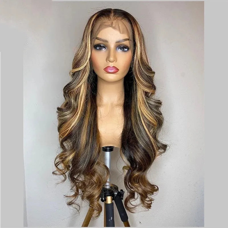 Front lace wig with gradient colour effect showing long curly synthetic hair in black and piano tones