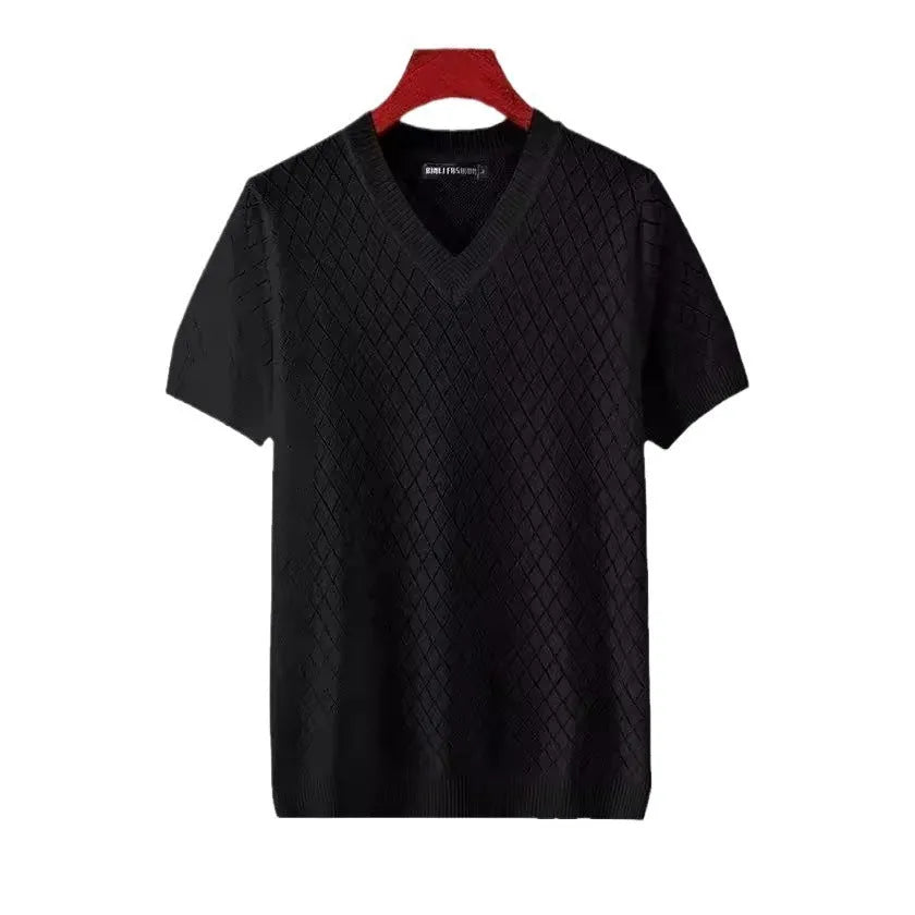 Men's plus size ice silk V-neck T-shirt with cut-out detail in black or white
