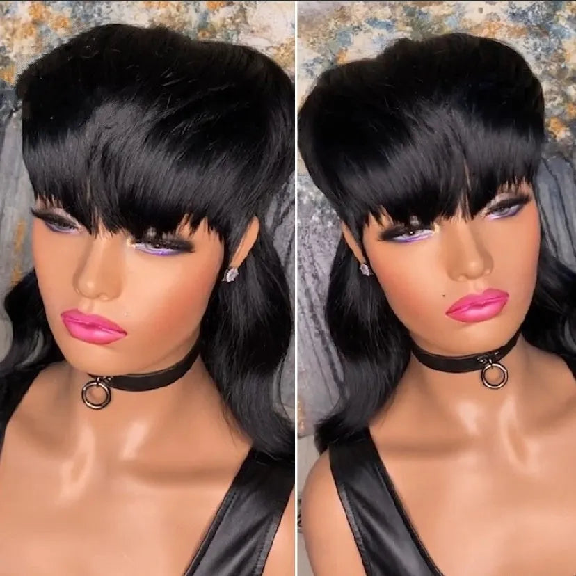 Black Brazilian style wig with short hair at the front and long hair at the back.