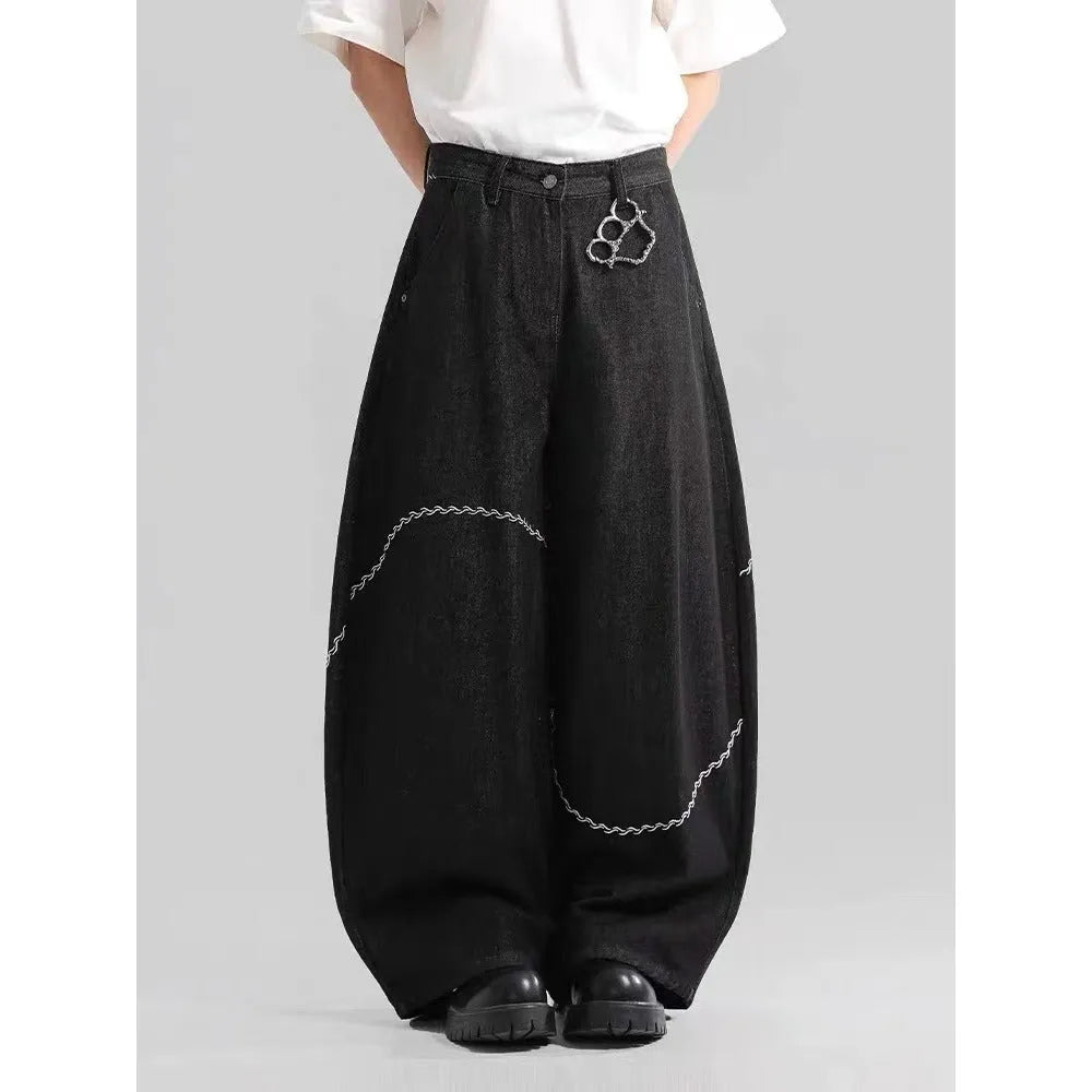 Black straight-leg men's trousers with mid-waist design and zip fly placket in micro-elastic polyester denim fabric