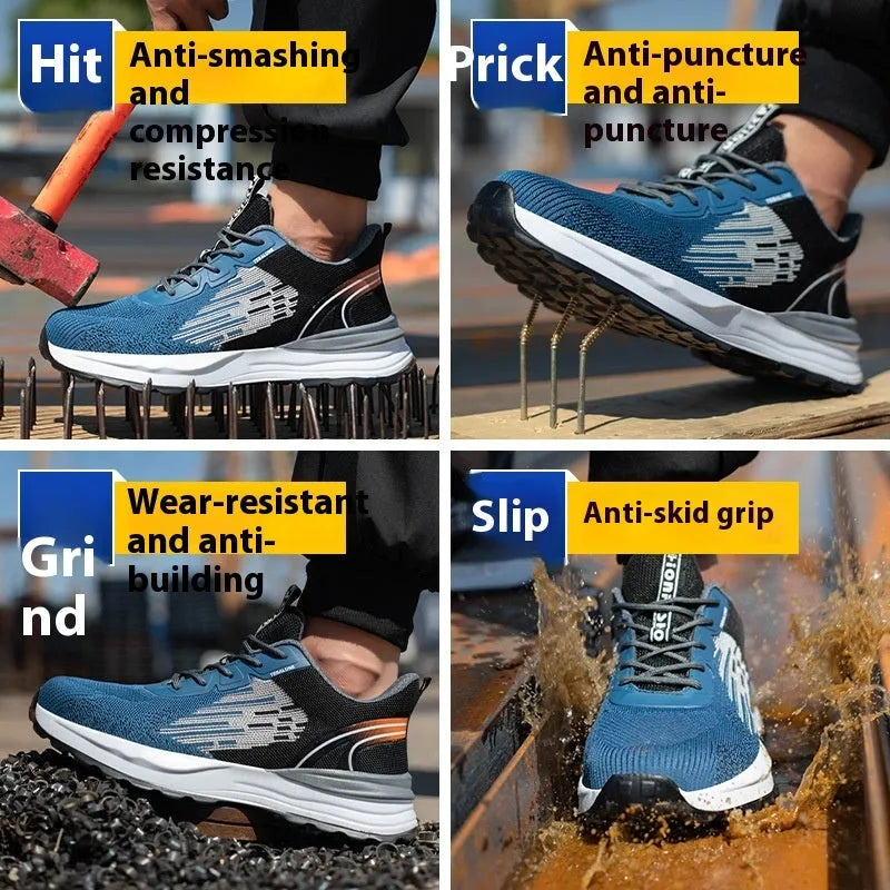 Blue men's low-cut safety work shoes with mesh upper, plastic toe cap, and lace closure.