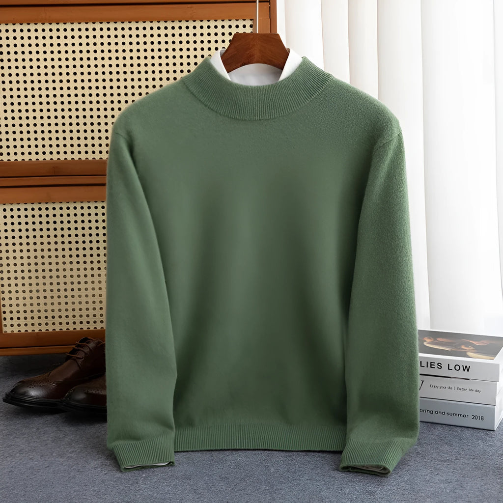 Men's half-collar wool sweater in coarse yarn knit, loose fit, shown in multiple colours