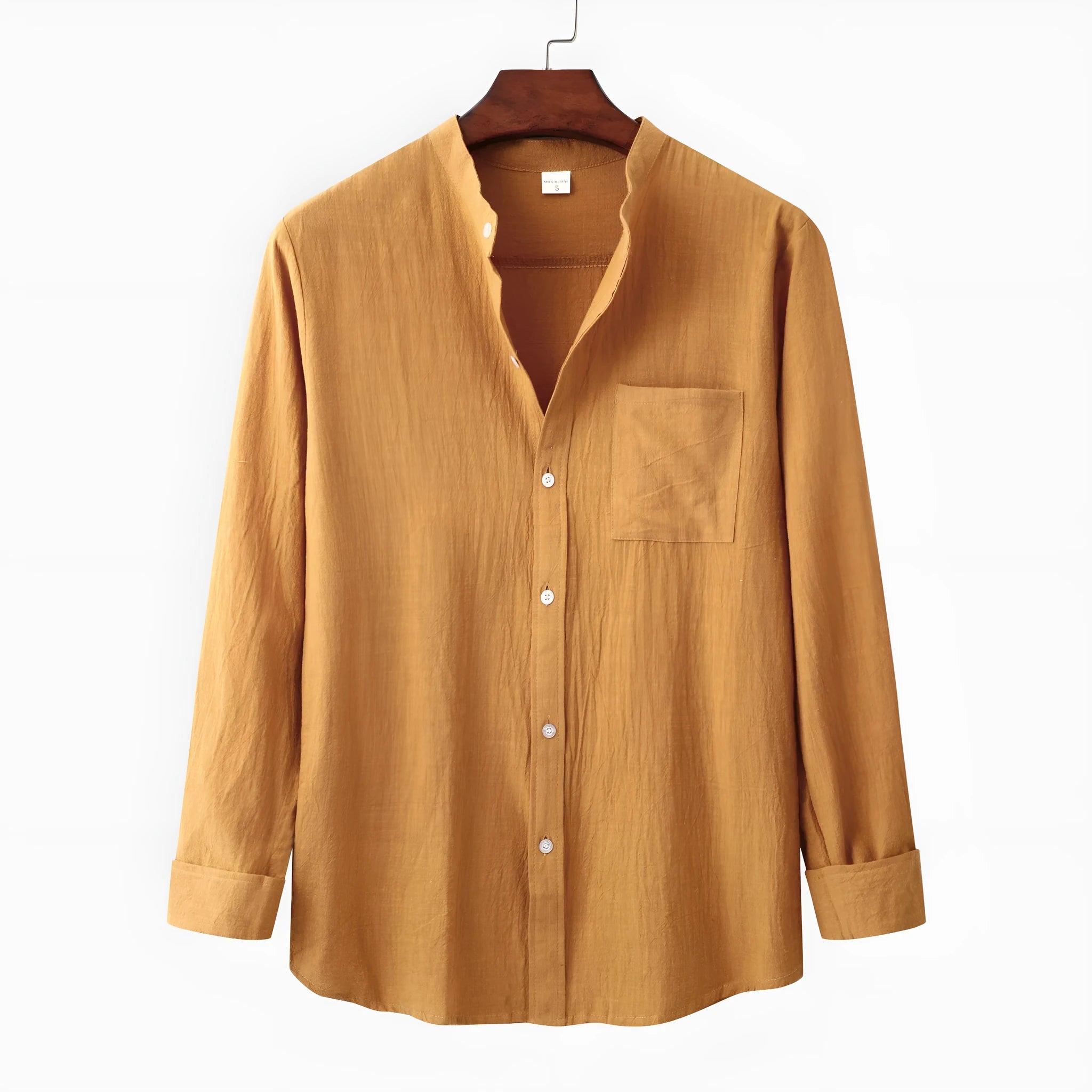 Men's brown slim fit long sleeve cotton blend shirt laid flat.