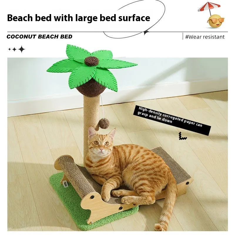 Wooden beach chair style cat nest with integrated scratch board for cats