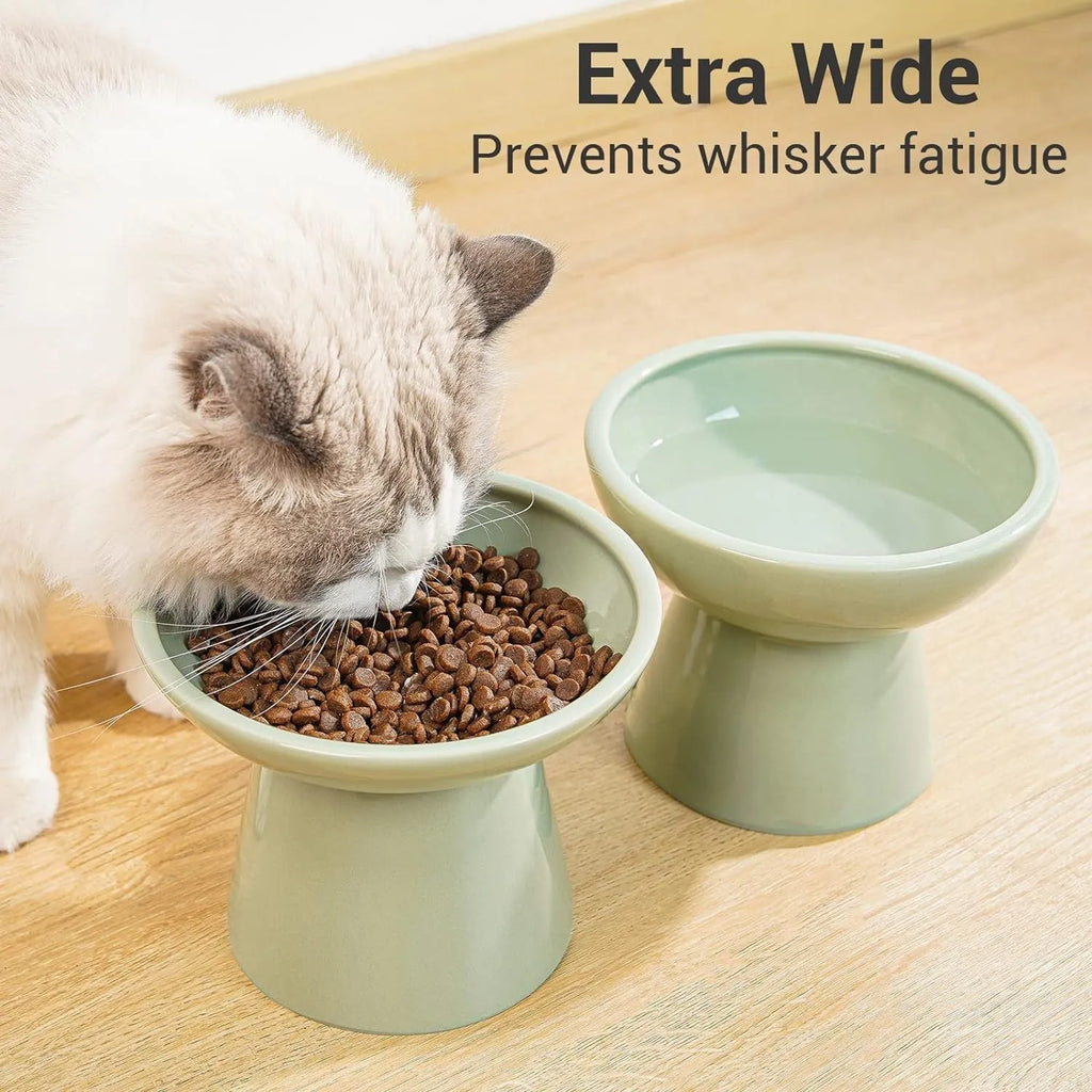 Extra wide elevated ceramic cat bowl in blue, green, pink or white colours