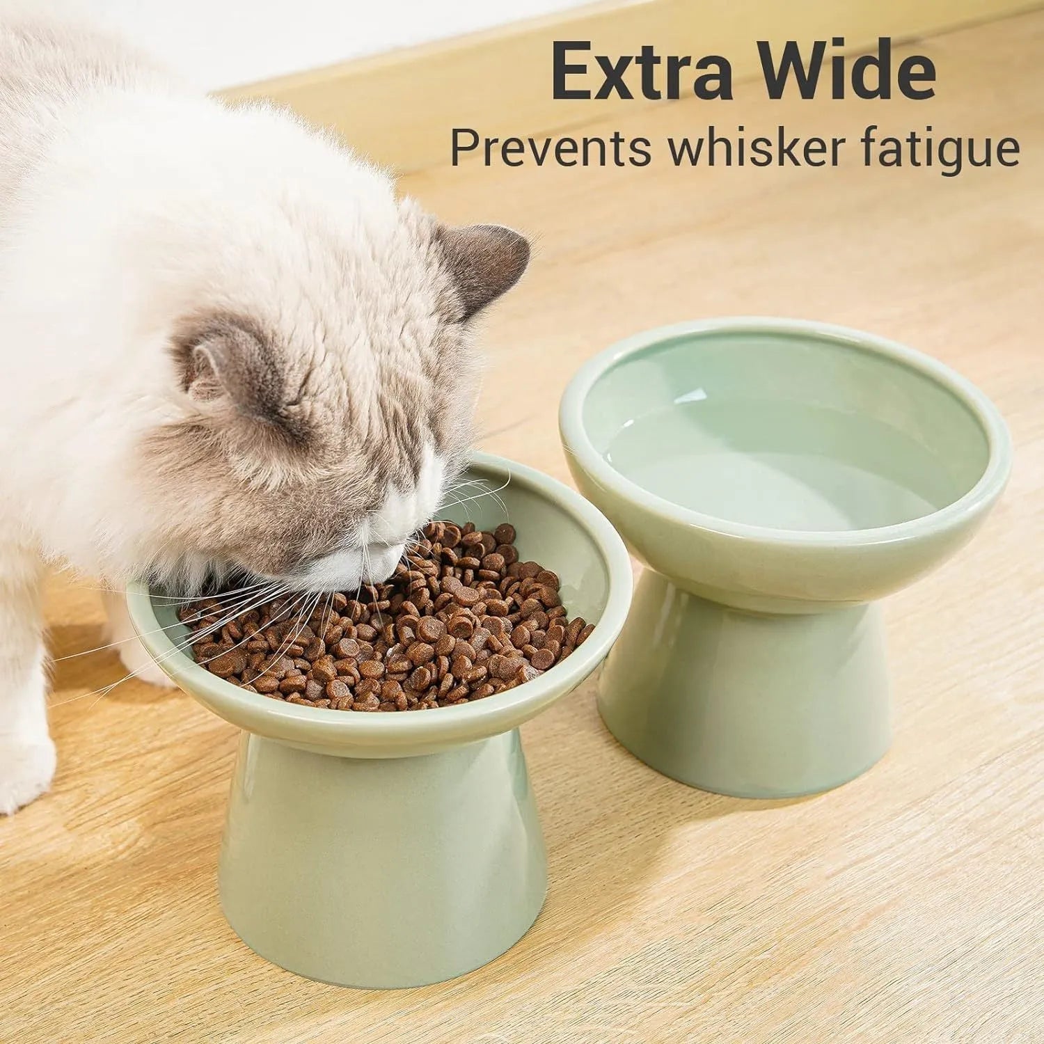 Extra wide elevated ceramic cat bowl in blue, green, pink or white colours
