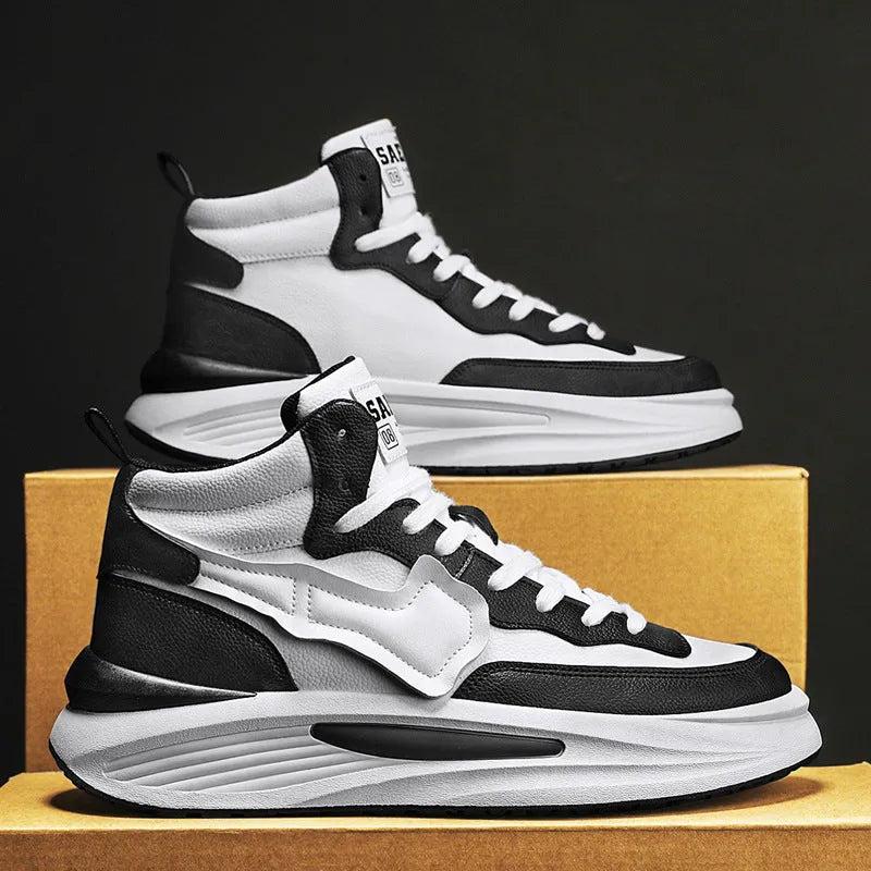 Men's black and white high-top platform board shoes with round toe and PU upper