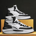 Men's black and white high-top platform board shoes with round toe and PU upper
