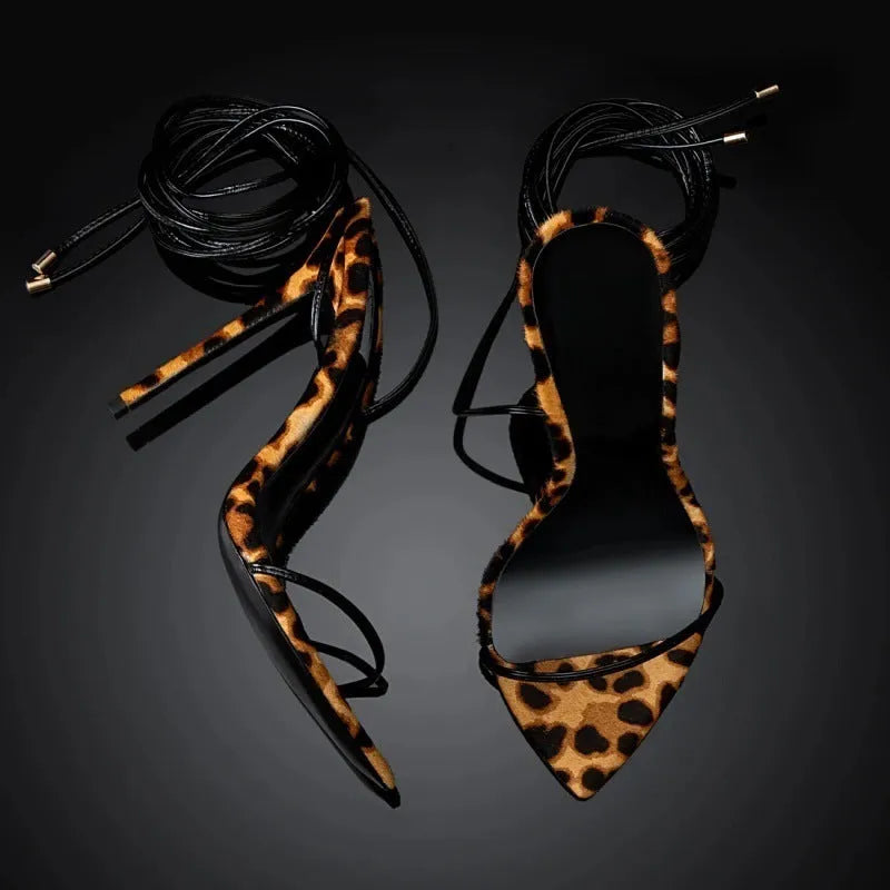 Women's leopard print Roman sandals with pointed toe and lace-up buckle fastening