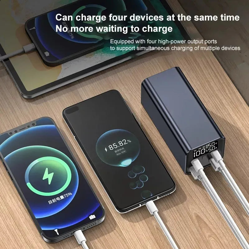 65W laptop charging bank with 20000mAh battery in metal casing showing black, blue and grey colour options