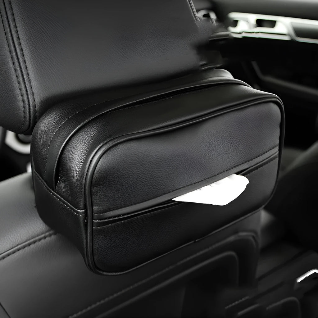 Black leather car hanging storage box with open top, shown next to a beige medium-sized version.