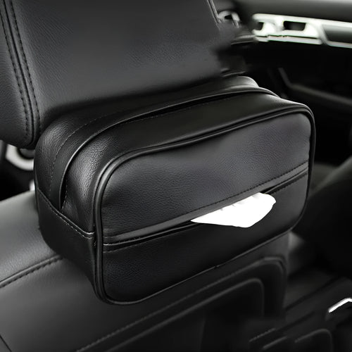Black leather car hanging storage box with open top, shown next to a beige medium-sized version.