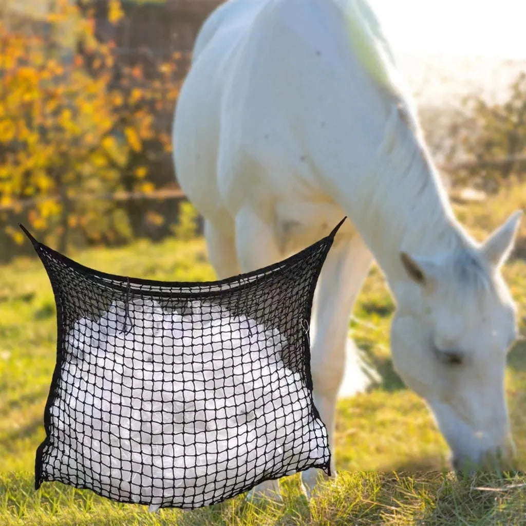 Black woven polyethylene rope hanging feeding bag for horses and cattle