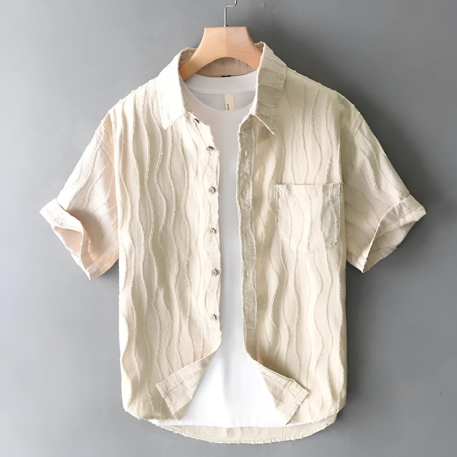 Men's pure cotton casual shirt in apricot colour with short sleeves and loose fit