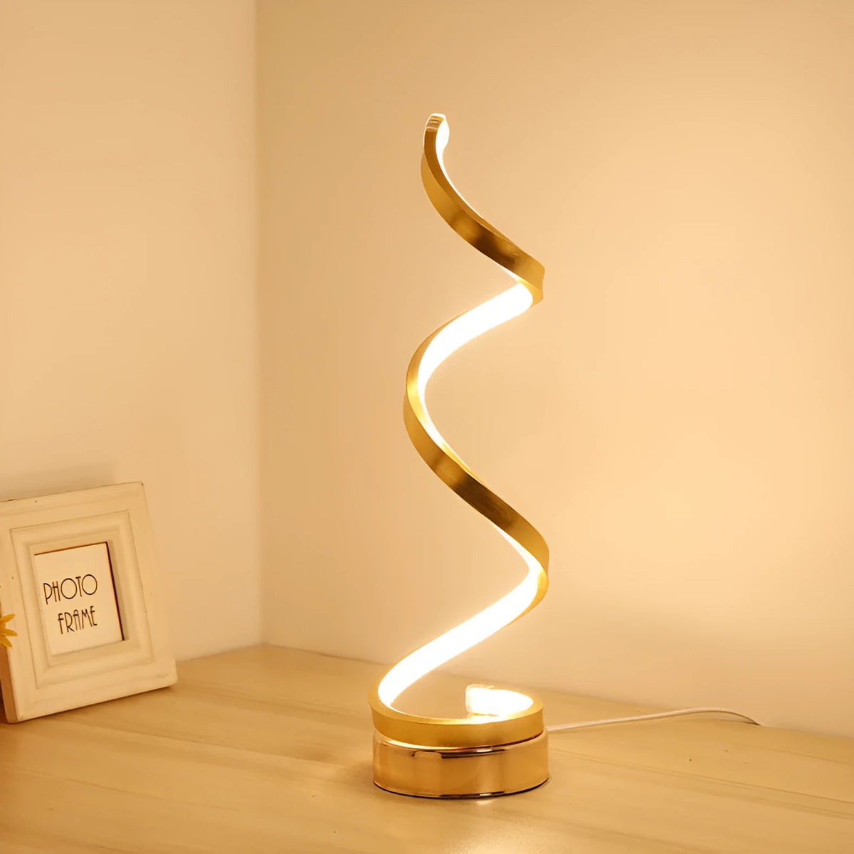 Minimalist black and white LED bedside table lamp with aluminium shade showing dimensions