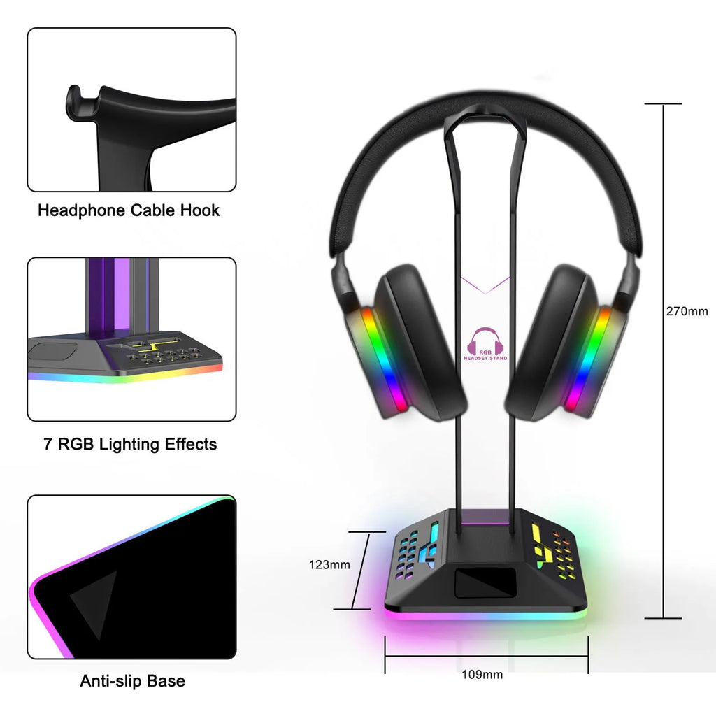 Acrylic headphone display stand with RGB lighting bracket and dual USB ports
