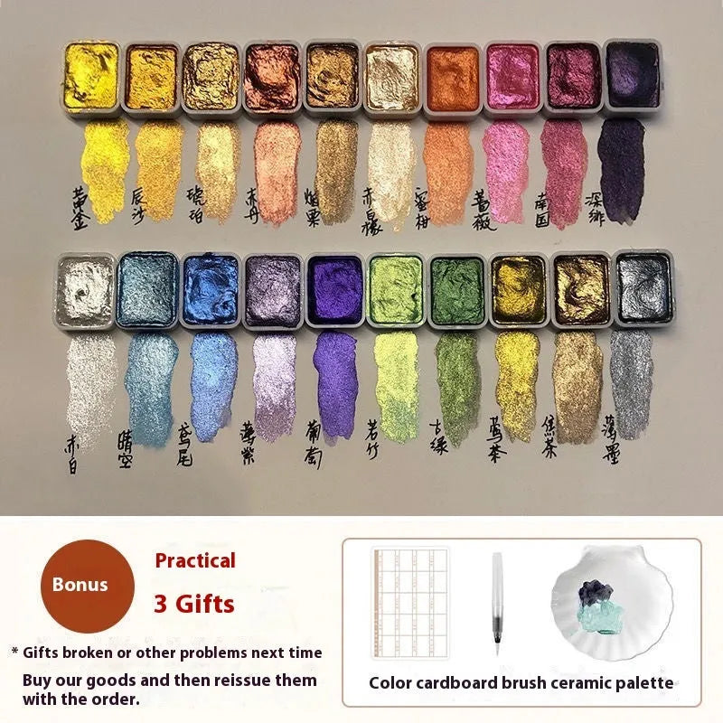 Traditional Chinese painting mineral pearlescent watercolour set showing tubes and palettes.