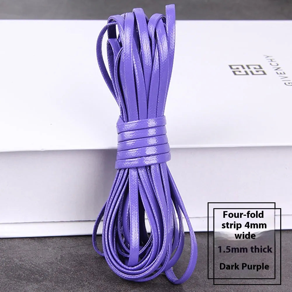 Coiled PU leather woven craft string in multiple colours including beige, black, red, blue, green, gold, and silver.