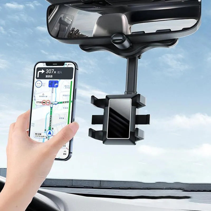 Black rearview mirror phone holder with 360-degree rotation mounted on car mirror holding mobile phone