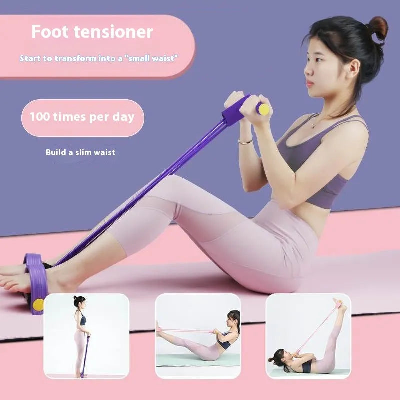 Yoga four-piece fitness set showing a leg stretching device, yoga ring, pedal expander, and figure-eight tension rope.