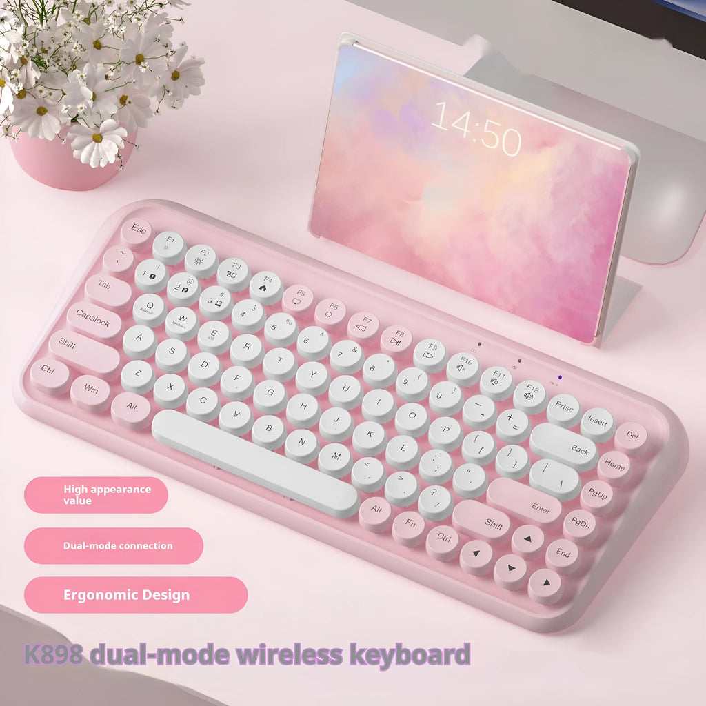 Pink Bluetooth wireless keyboard with 84 keys showing compact design