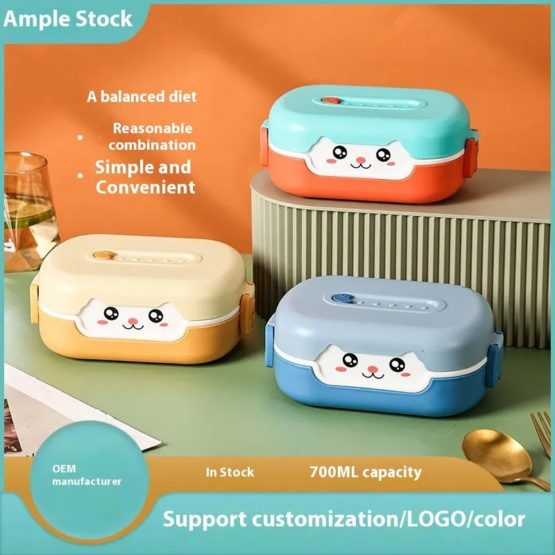 Square plastic divided lunch box with cartoon styling and microwave compatibility