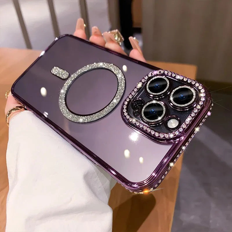 Wireless magnetic soft silicone phone case for iPhone in deep purple, rose gold, space silver, or far peak blue.